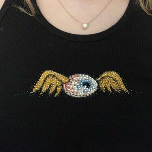 Cute y2k black wifebeater tank top with rhinestone eyeball with wings design